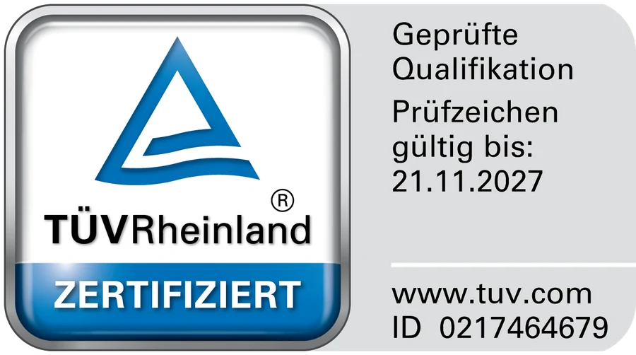 TÜV Rheinland, geprüfte Qualifikation, Prüfzeichen gültig bis 21.11.2027, ID 0217464679